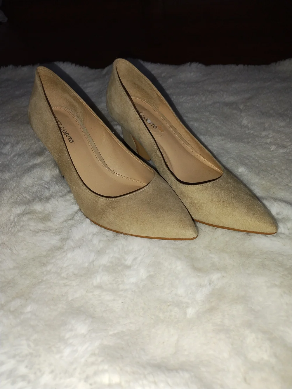Vince Camuto Tan Suede Pointed Toe Block Heel Pumps